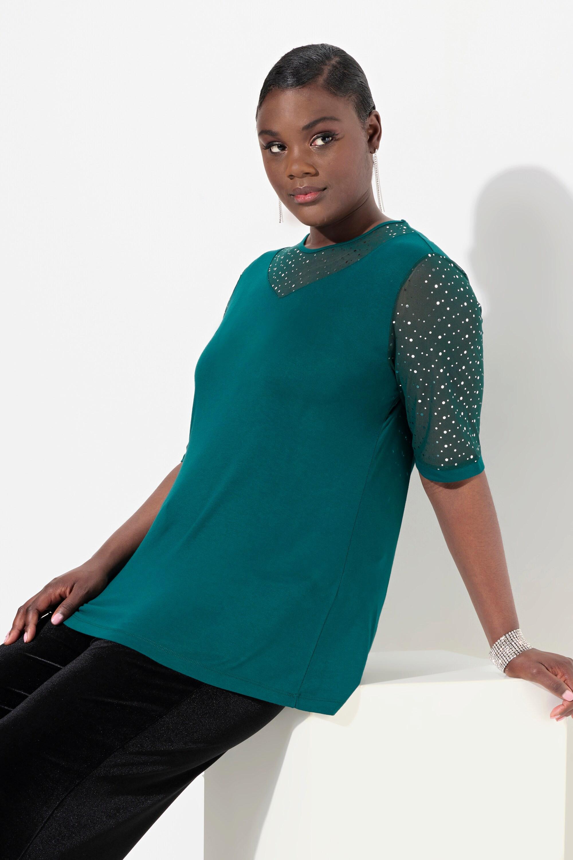 Ulla Popken  T-shirt classica in mesh con paillettes e fodera in jersey 