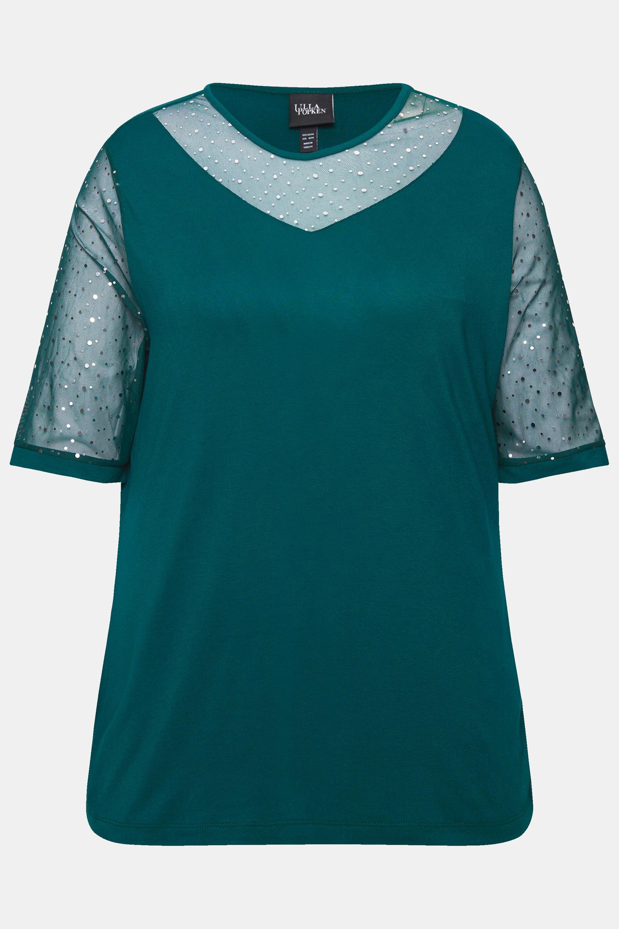 Ulla Popken  T-shirt classica in mesh con paillettes e fodera in jersey 