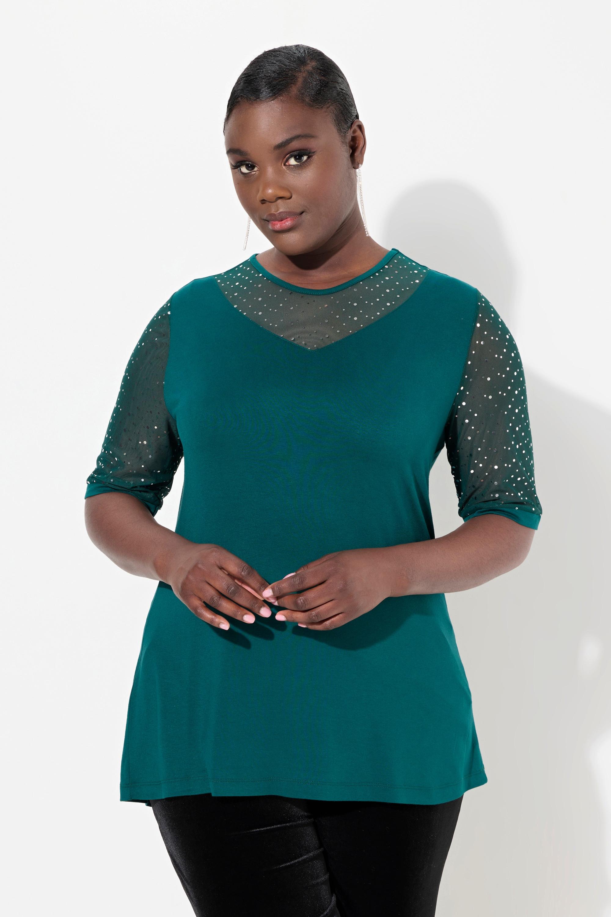 Ulla Popken T-shirt Classic Fit Rete con Paillettes Sottostrato Jersey  