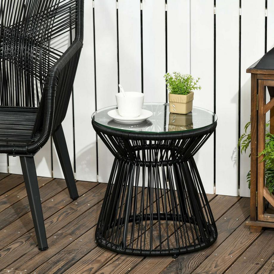 Northio Gartentisch Mit Hohltrommel-Design, Bistrotisch Mit Glastischplatte, Runder Kaffeetisch, Bistrotisch Mit Glastischplatte, Schwarz  