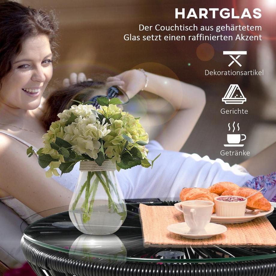 Northio Gartentisch Mit Hohltrommel-Design, Bistrotisch Mit Glastischplatte, Runder Kaffeetisch, Bistrotisch Mit Glastischplatte, Schwarz  