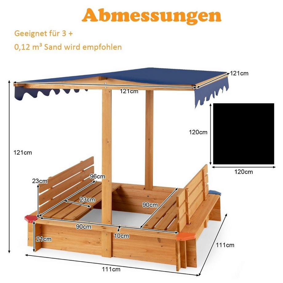 Northix  Sandkasten mit Dach 120 x 120 cm Sandkiste aus Zedernholz Sandbox groß mit 2 umwandelbaren Sitzbänken Natur 