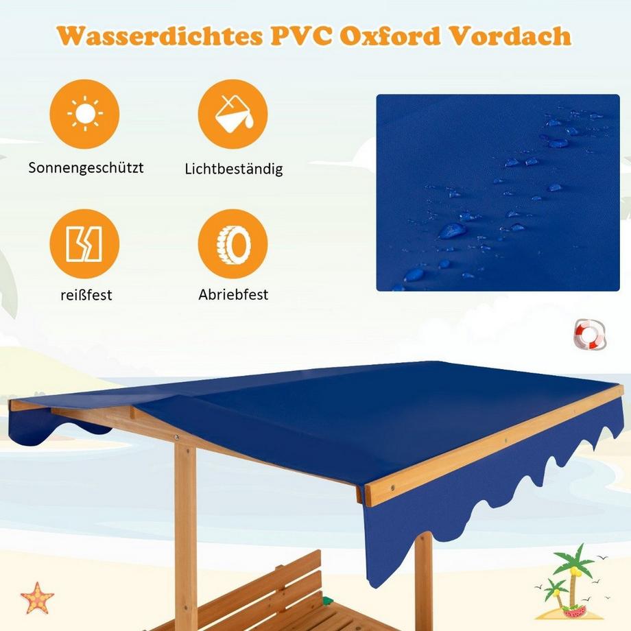 Northix  Sandkasten mit Dach 120 x 120 cm Sandkiste aus Zedernholz Sandbox groß mit 2 umwandelbaren Sitzbänken Natur 