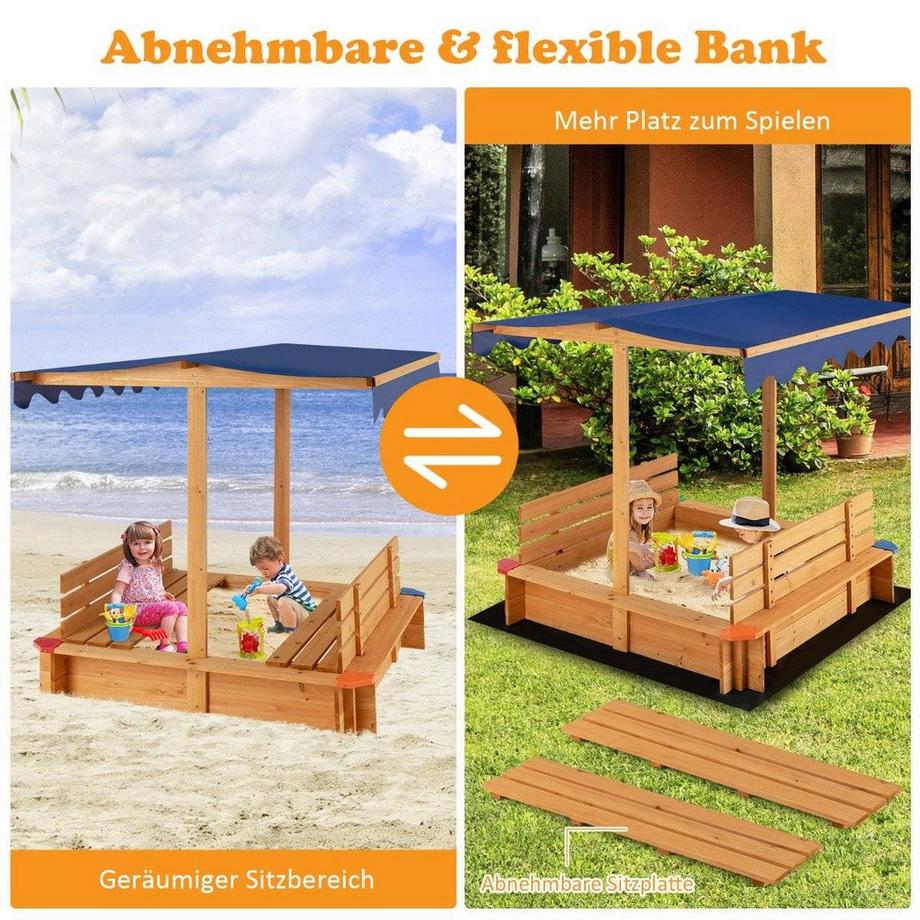 Northix  Sandkasten mit Dach 120 x 120 cm Sandkiste aus Zedernholz Sandbox groß mit 2 umwandelbaren Sitzbänken Natur 