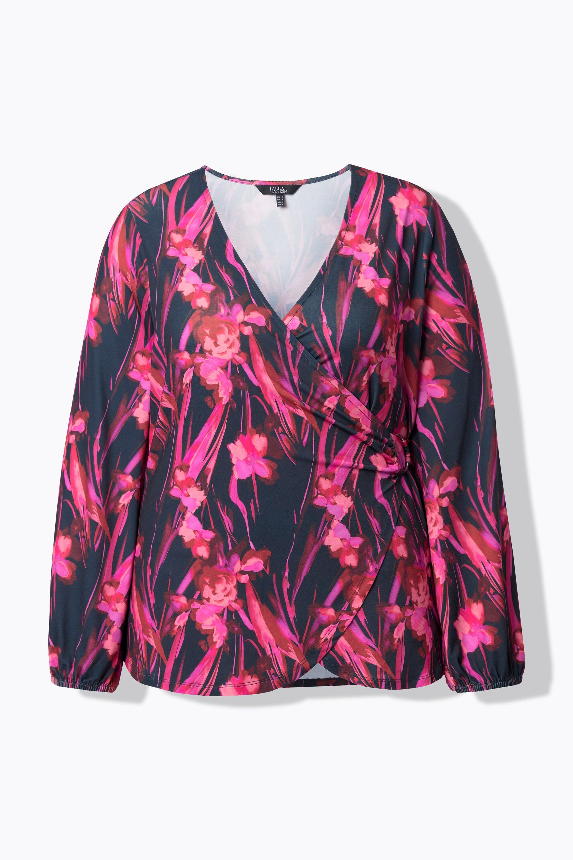 Ulla Popken T-shirt à fleurs esprit cache-cœur décolleté en V manches longues  