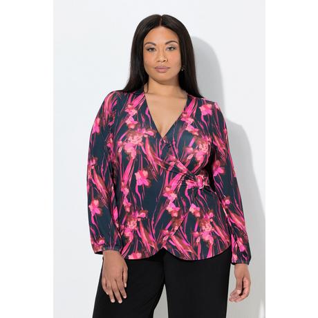 Ulla Popken T-shirt à fleurs esprit cache-cœur décolleté en V manches longues  