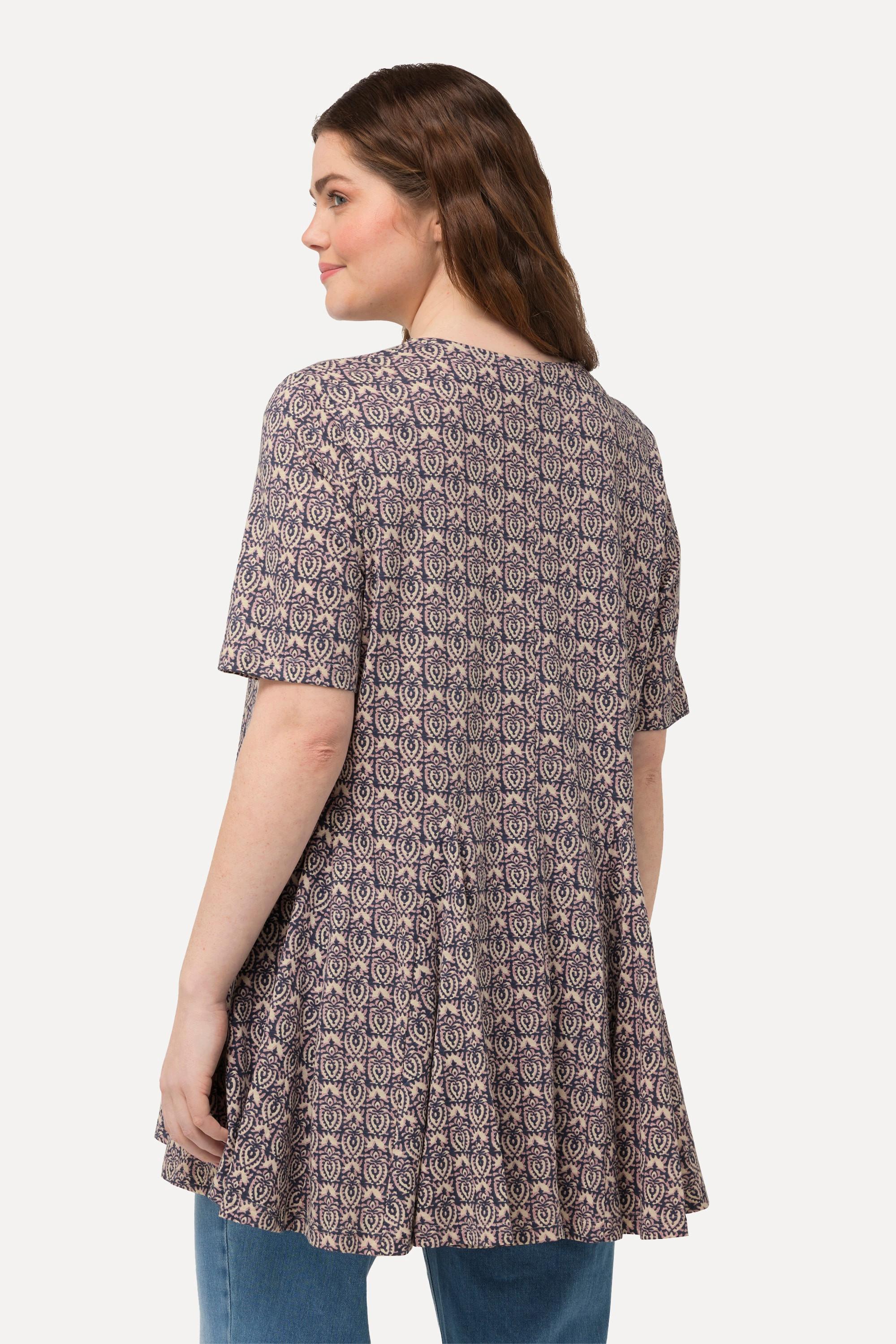 Ulla Popken Maglia Lunga Pieghe Godet Scollo Tunica Mezze Maniche  