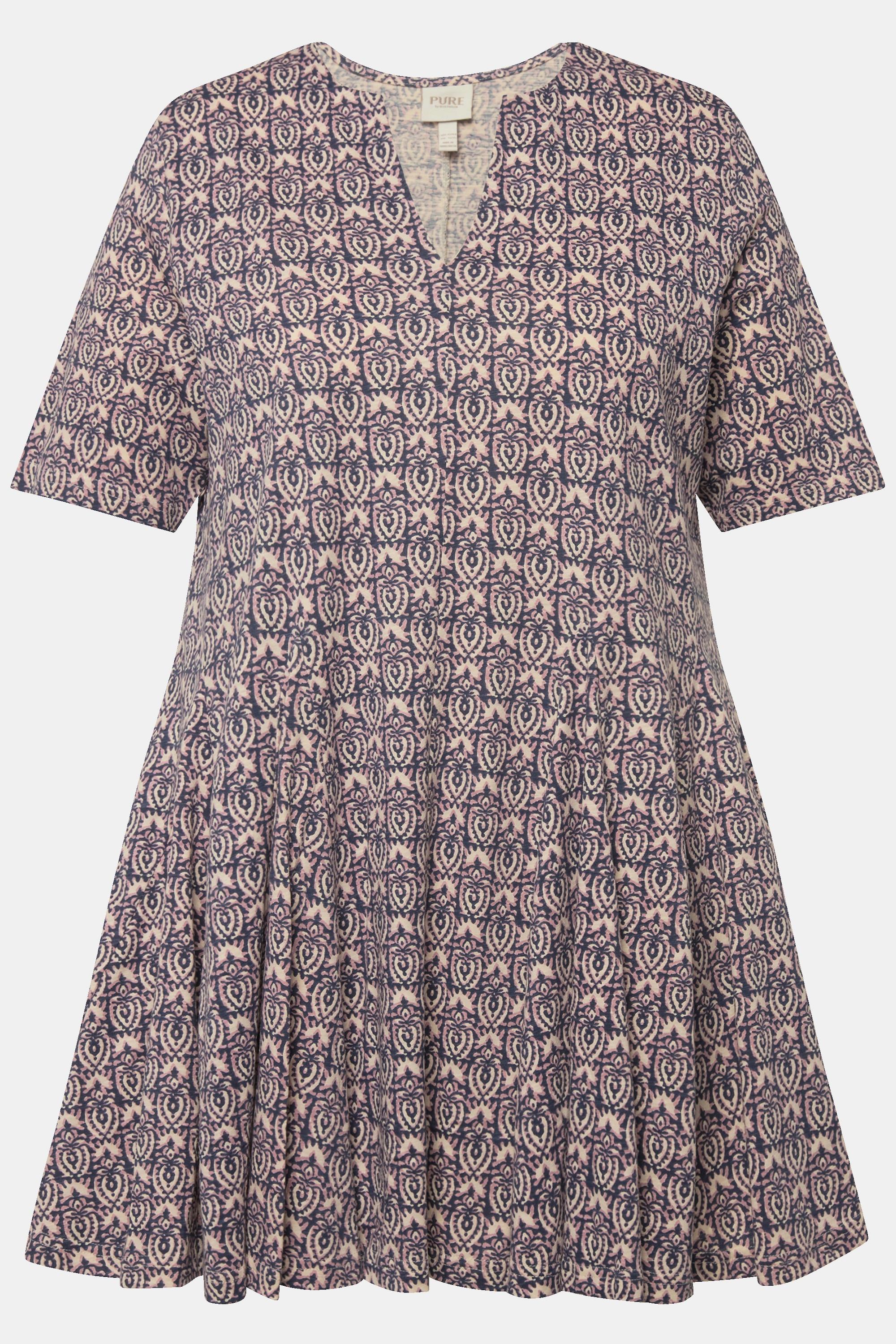 Ulla Popken Maglia Lunga Pieghe Godet Scollo Tunica Mezze Maniche  