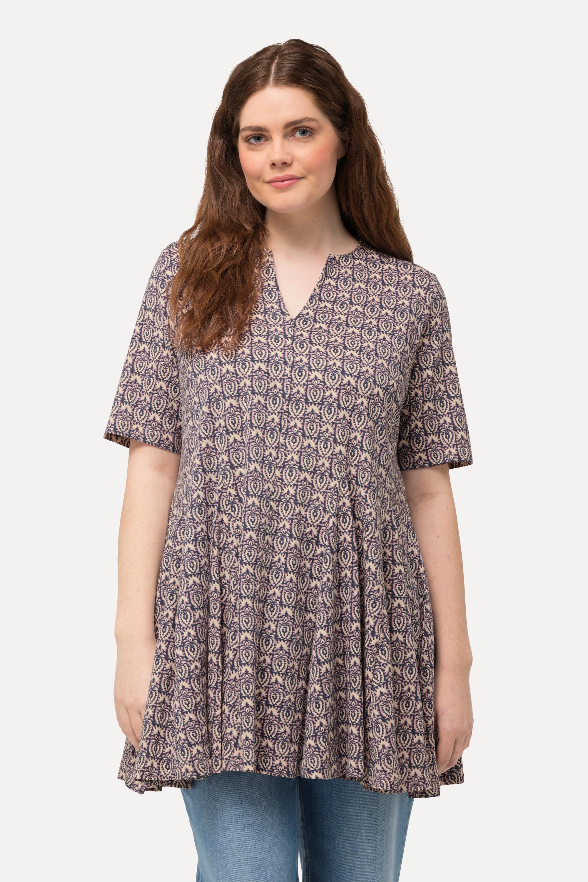 Ulla Popken Maglia Lunga Pieghe Godet Scollo Tunica Mezze Maniche  