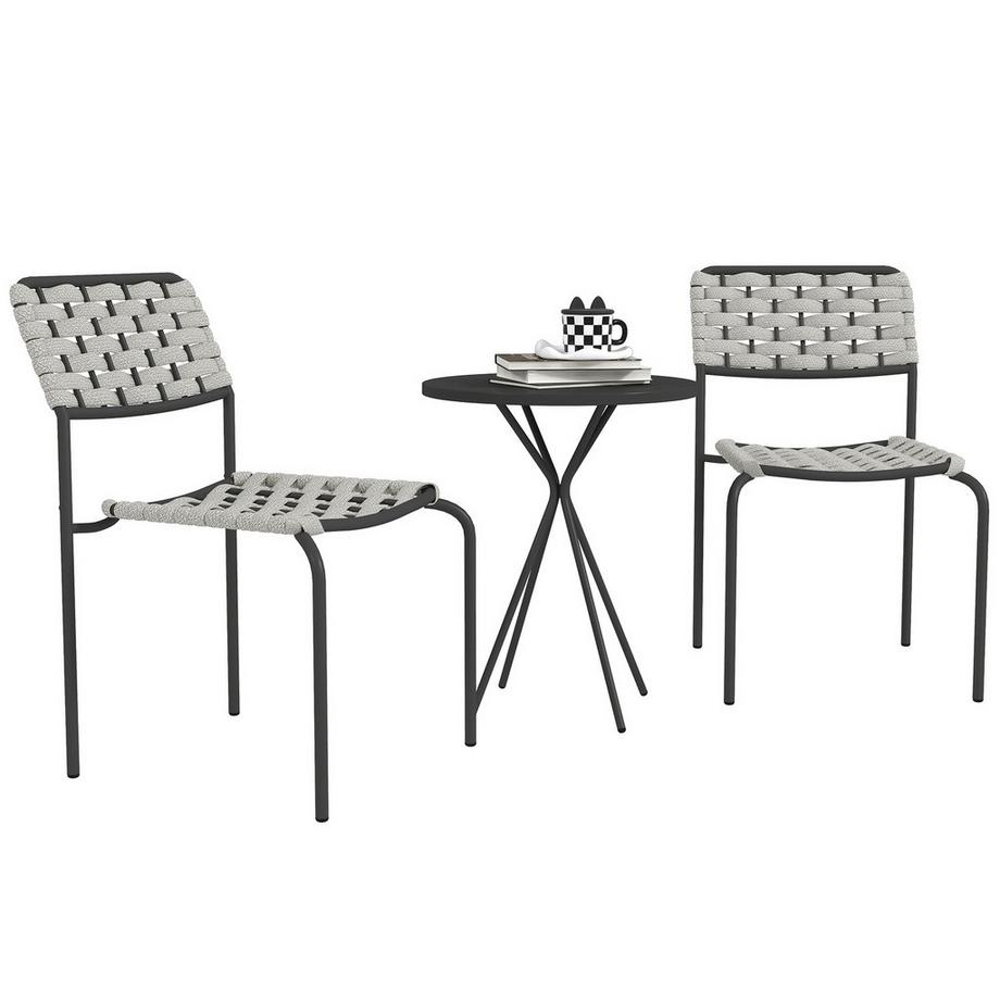 Northio  Polyrattan Gartenmöbel Set, Outdoor Lounge Balkonmöbel für 2 Personen, 3-teilig Sitzgruppe mit 2 Stapelbare Stühle, Tisch, wetterfest Gartenlounge für Garten, Terrasse Balkon, Grau Aosom 