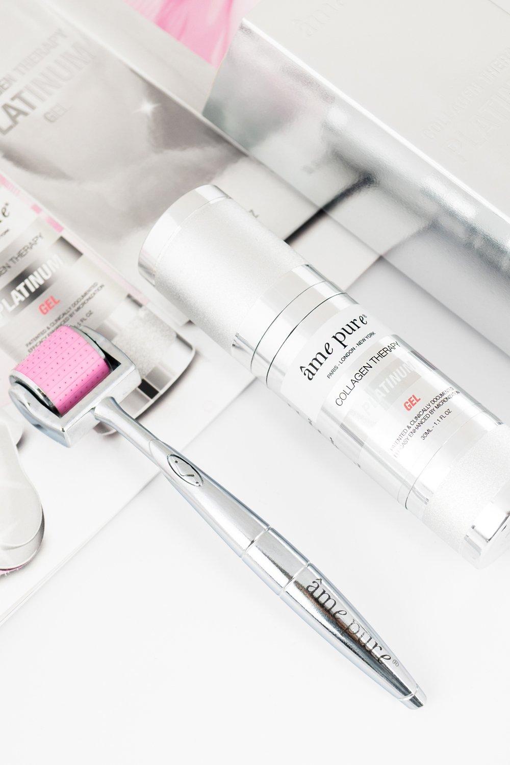 âme pure  CIT Face Roller PLATINUM - Microneedling Derma Roller avec aiguilles microfines pour le visage + Collagen Platinum Gel+ Sanitizer Spray 