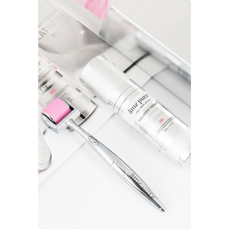 âme pure  CIT Face Roller PLATINUM - Microneedling Derma Roller mit mikro-feinen Nadeln für Gesicht + Kollagen Platinum Gel+ Sanitizer Spray 