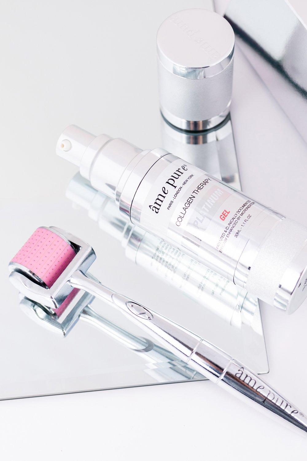 âme pure  CIT Face Roller PLATINUM - Microneedling Derma Roller avec aiguilles microfines pour le visage + Collagen Platinum Gel+ Sanitizer Spray 