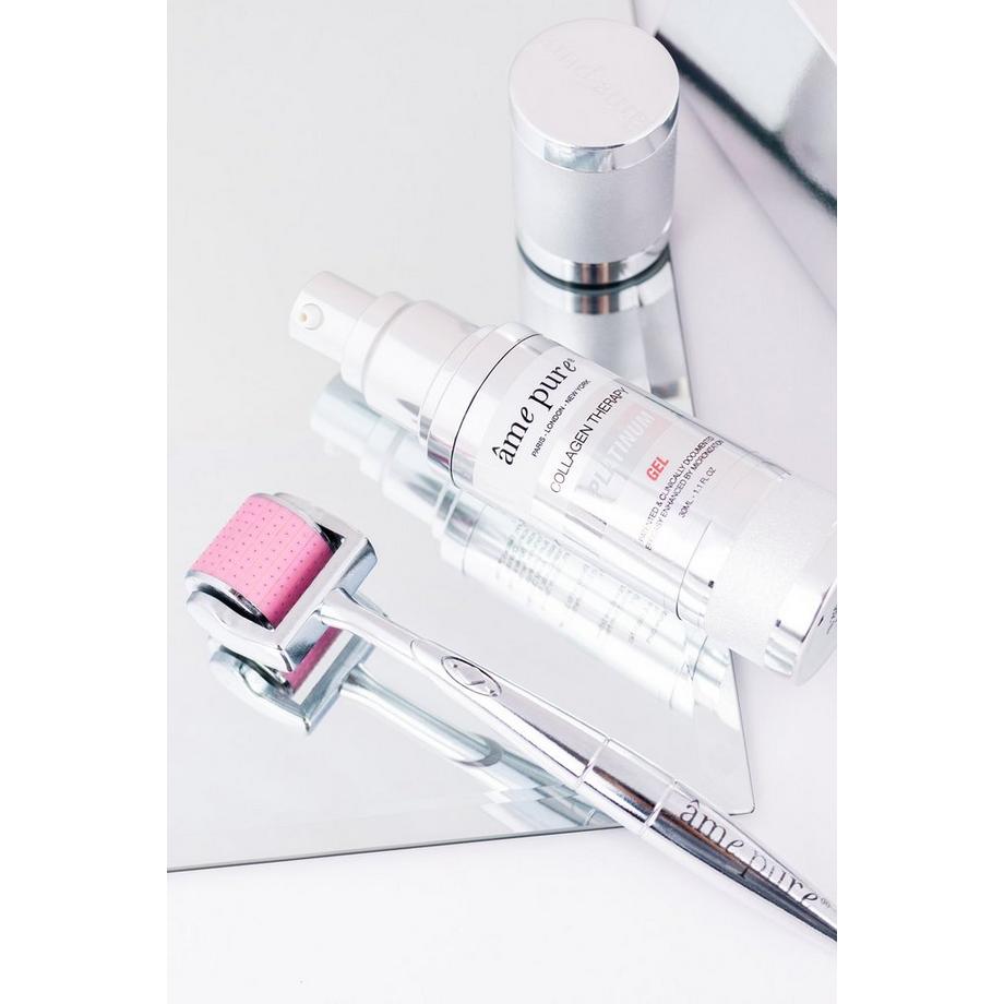 âme pure  CIT Face Roller PLATINUM - Microneedling Derma Roller mit mikro-feinen Nadeln für Gesicht + Kollagen Platinum Gel+ Sanitizer Spray 