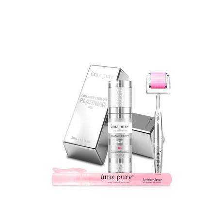 âme pure  CIT Face Roller PLATINUM - Microneedling Derma Roller avec aiguilles microfines pour le visage + Collagen Platinum Gel+ Sanitizer Spray 