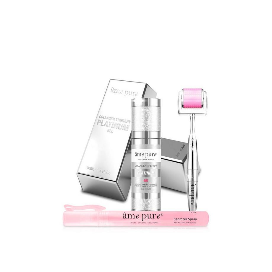 âme pure  CIT Face Roller PLATINUM - Microneedling Derma Roller mit mikro-feinen Nadeln für Gesicht + Kollagen Platinum Gel+ Sanitizer Spray 