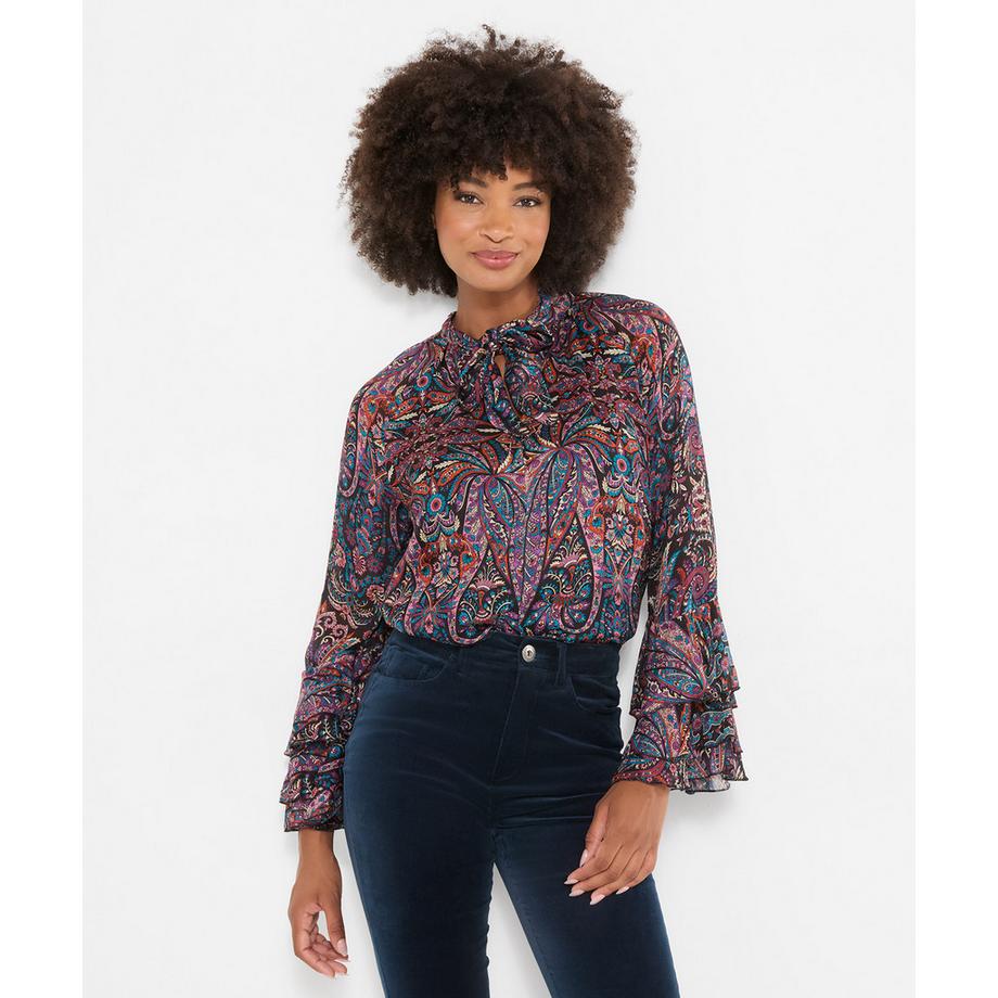 Blouse Bobo à Col Noué Imprimée et Manches à Volants