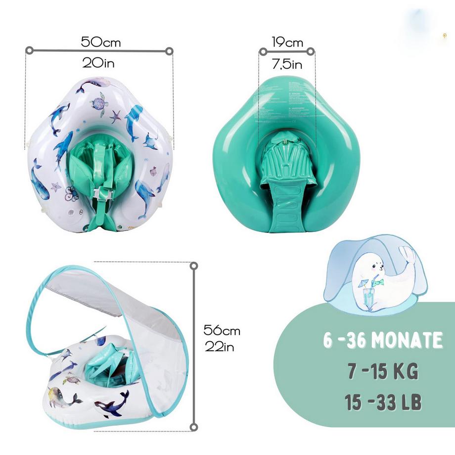 Activity-board einzigartiger Babyschwimmring mit handgemalten Motiven | innovative Babyschwimmhilfe mit Sonnendach  