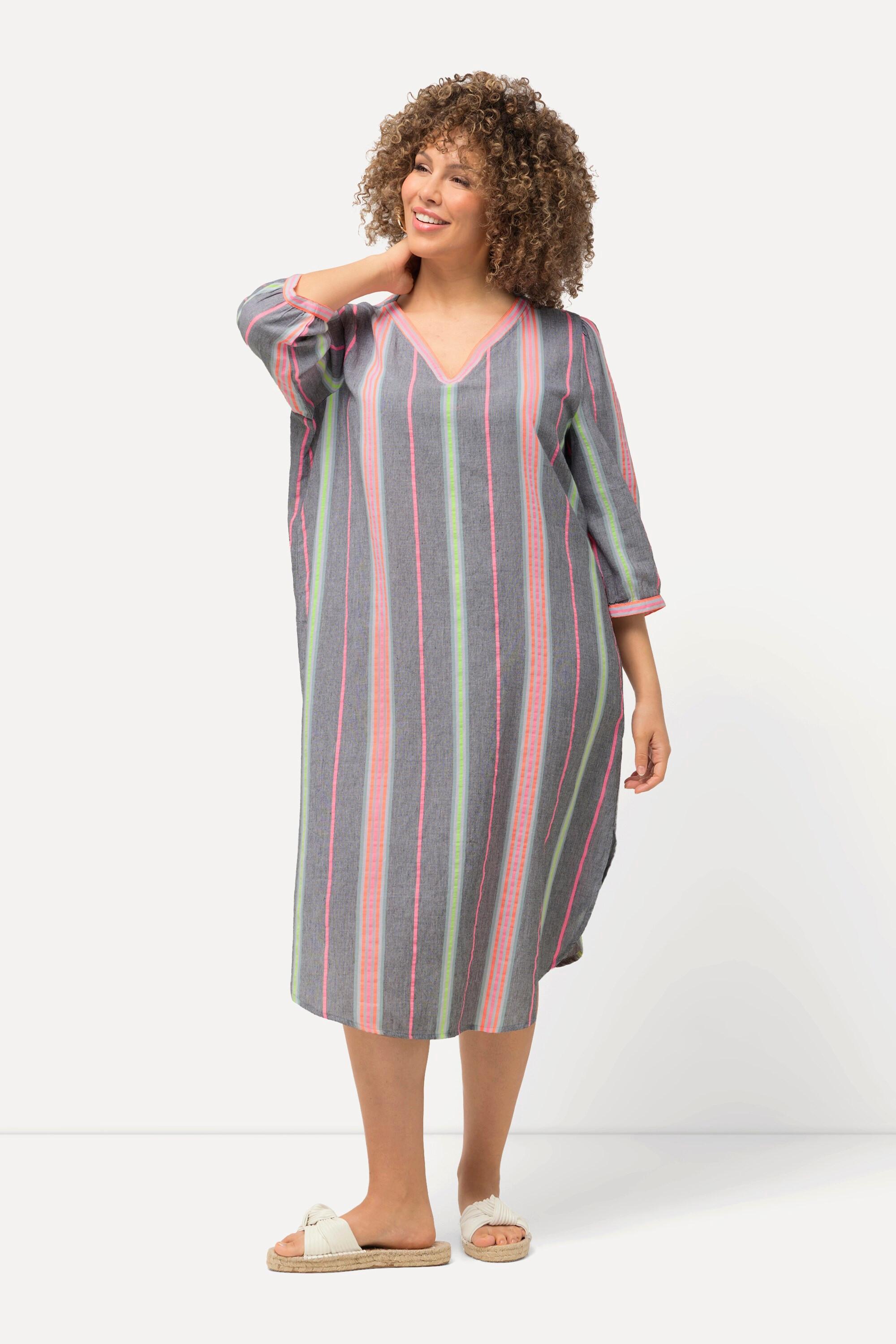 Ulla Popken Caftan Oversized Rayures Encolure V Manches 3/4  