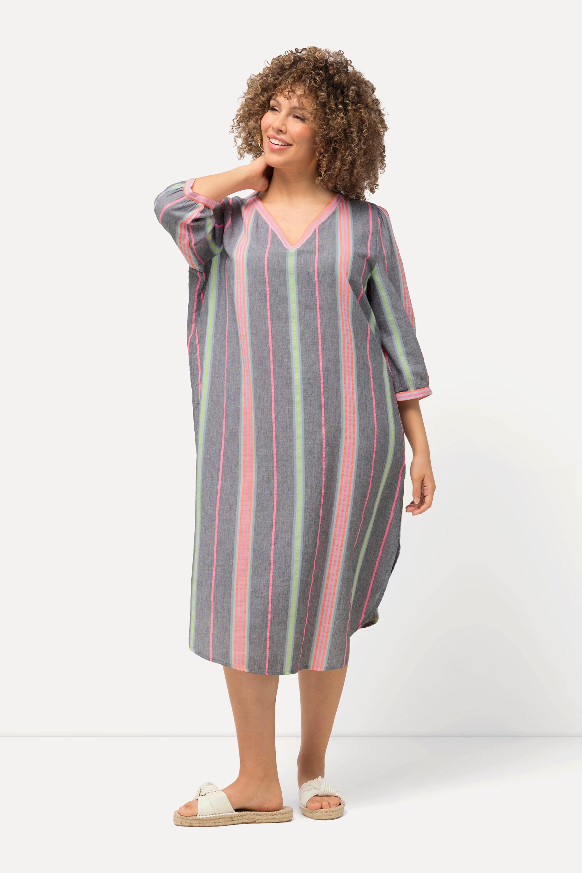 Ulla Popken  Caffettano dal taglio oversize con righe, scollo a V e maniche a 3/4 