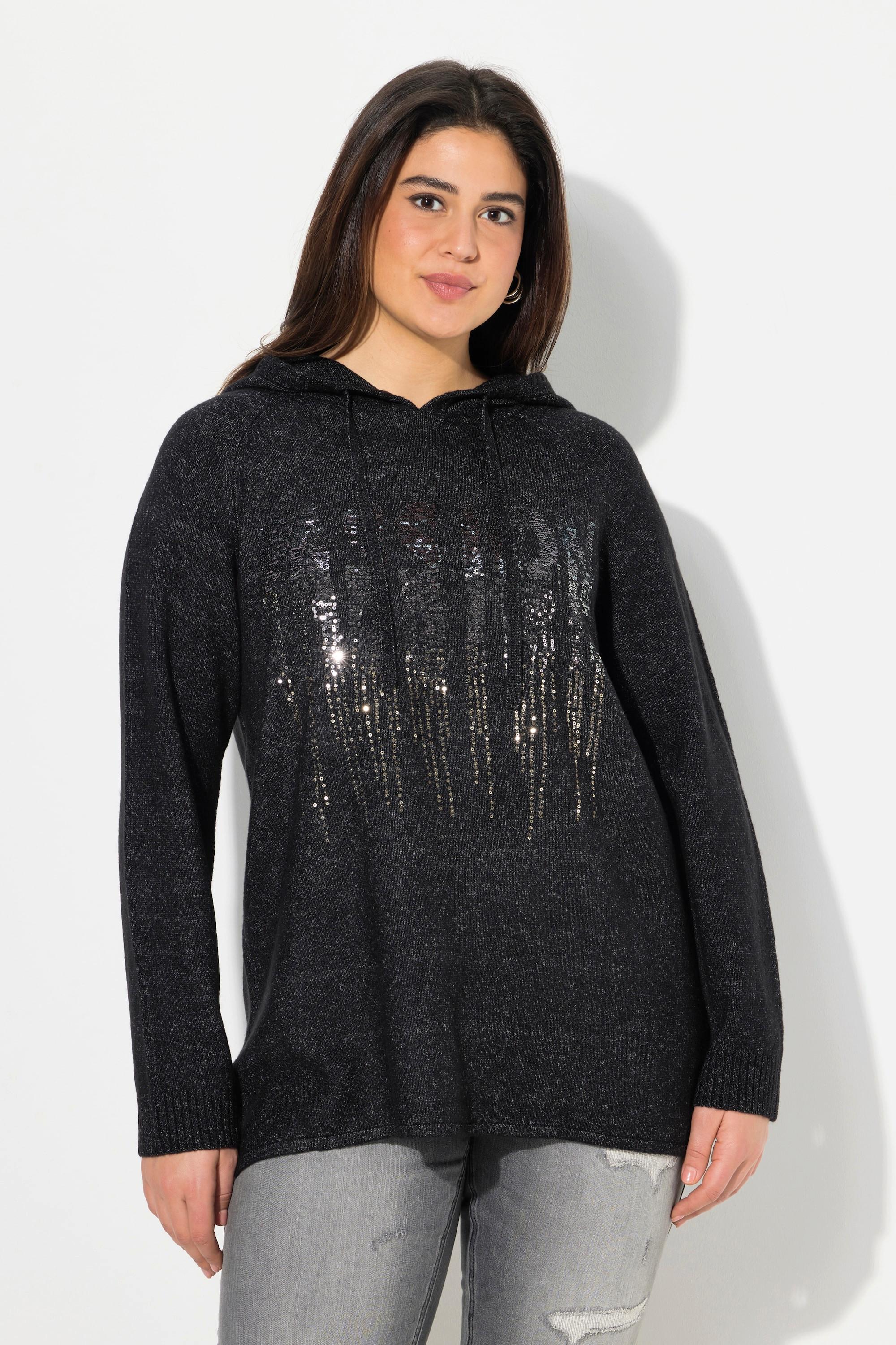 Ulla Popken  Sweat-shirt en maille avec paillettes, capuche et manches longues, coupe évasée 