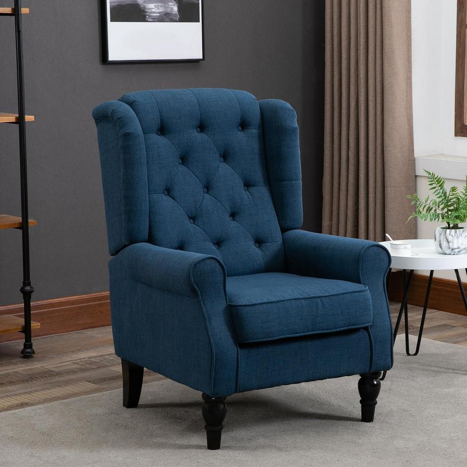 Northio Ohrensessel Sessel mit Tufting, hoher Rückenlehne, Gepolstert Loungesessel mit abgerundeten Armlehnen, Holzbeine, für Schlafzimmer, Wohnzimmer, bis 160 kg, Blau  