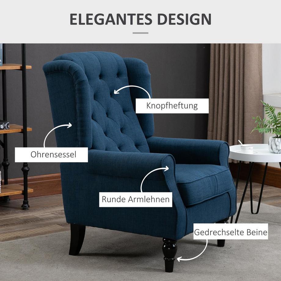 Northio Ohrensessel Sessel mit Tufting, hoher Rückenlehne, Gepolstert Loungesessel mit abgerundeten Armlehnen, Holzbeine, für Schlafzimmer, Wohnzimmer, bis 160 kg, Blau  