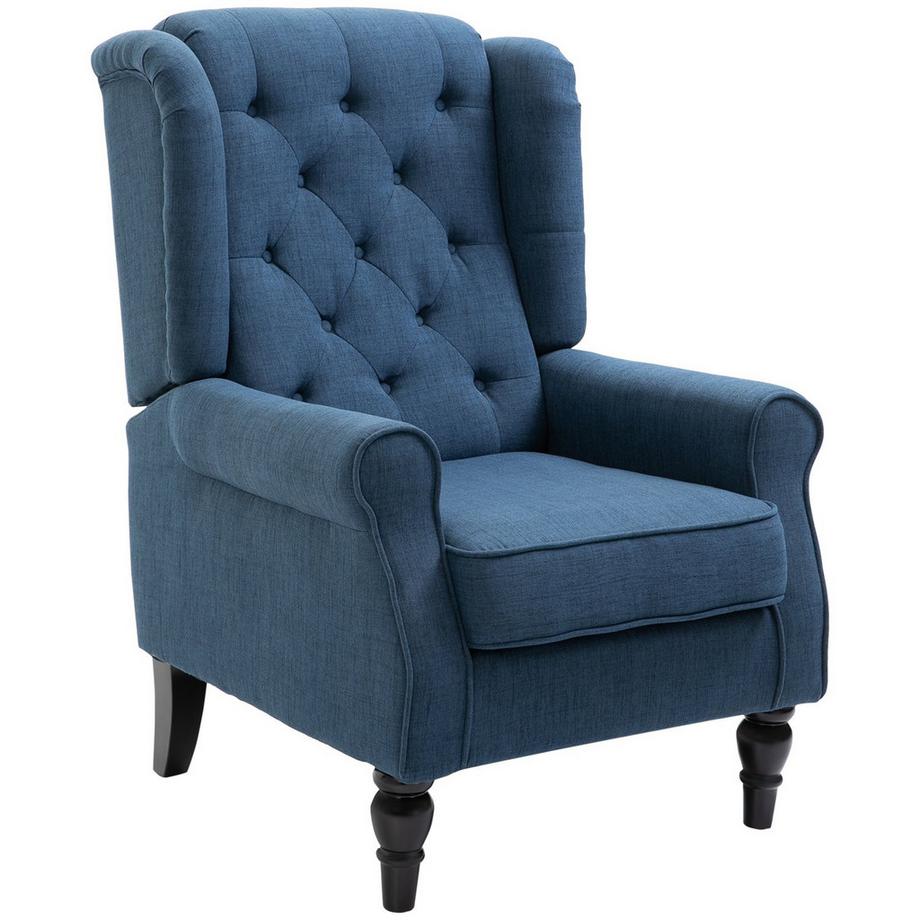 Ohrensessel Sessel mit Tufting, hoher Rückenlehne, Gepolstert Loungesessel mit abgerundeten Armlehnen, Holzbeine, für Schlafzimmer, Wohnzimmer, bis 160 kg, Blau