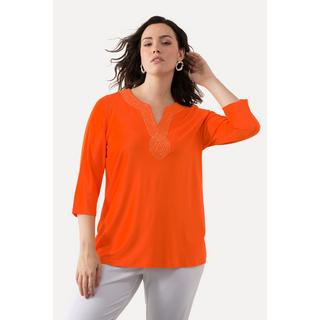 Ulla Popken  T-shirt avec broderie, col tunisien et manches 3/4 