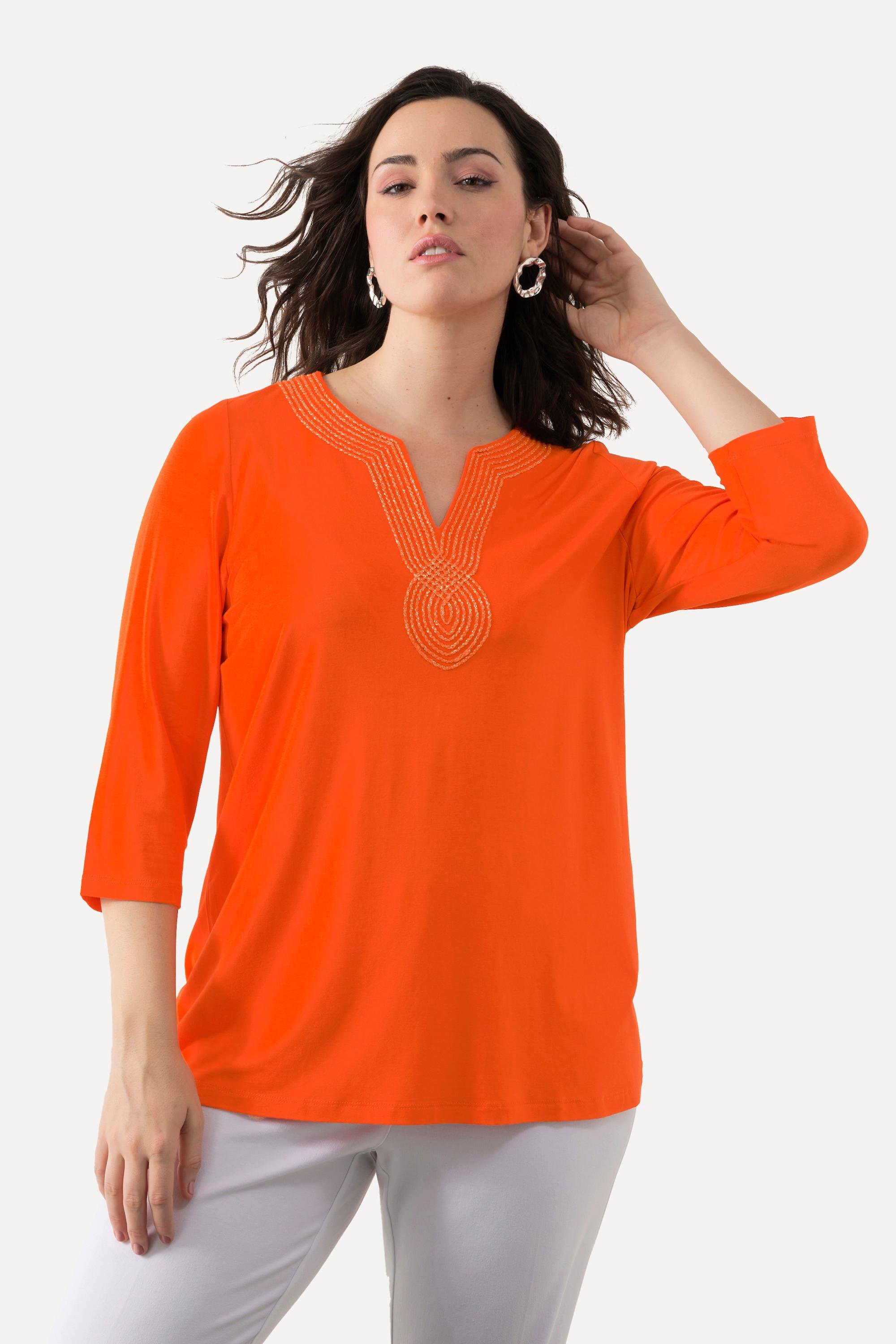 Ulla Popken  T-shirt avec broderie, col tunisien et manches 3/4 