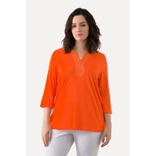 Ulla Popken  T-shirt avec broderie, col tunisien et manches 3/4 