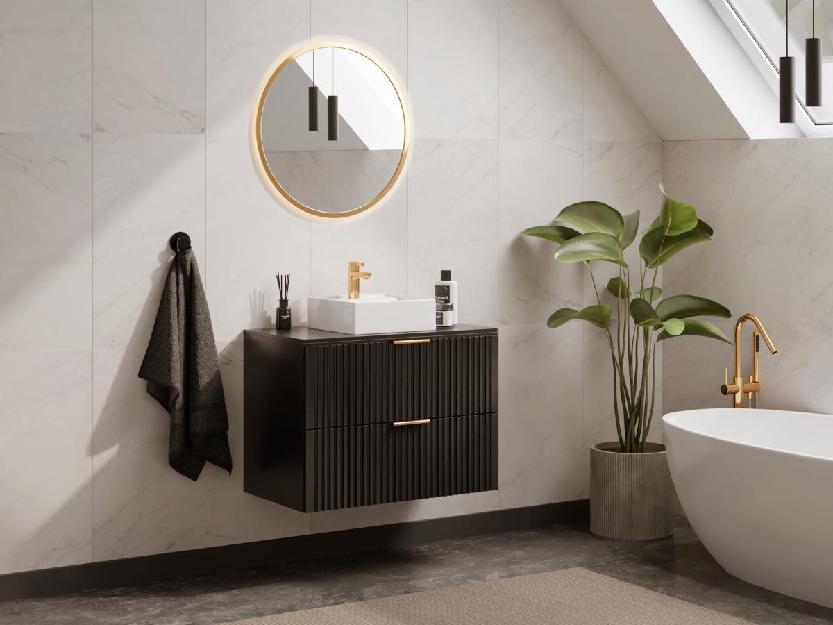 Vente-unique Mobile sotto lavabo sospeso scanalato con piano di appoggio L80 cm Nero - ZEVARA  