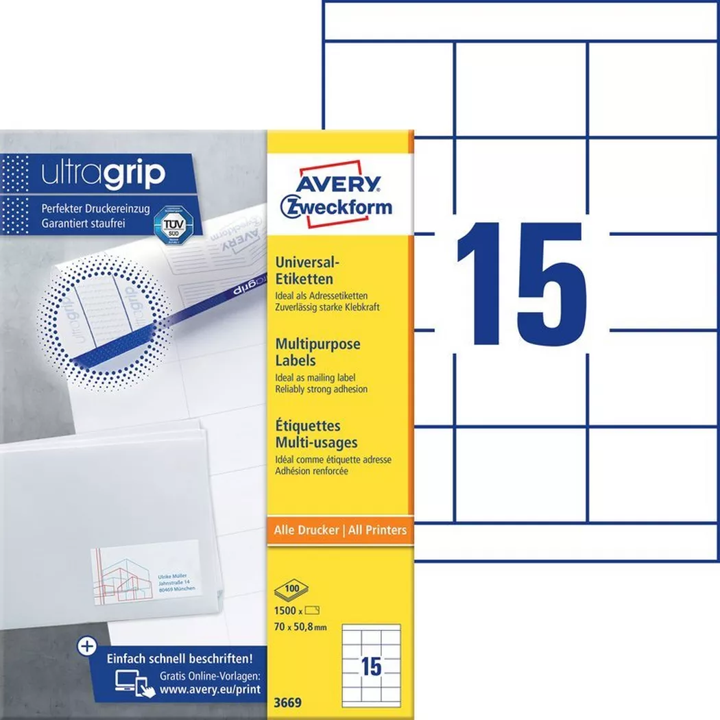 Avery-Zweckform – AVERY ZWECKFORM Universal-Etikett. 70×50,8mm, 1500 Stk., One Size, Weiss