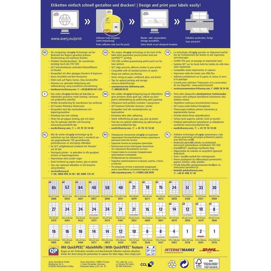 Avery-Zweckform Etichetta universale 70 x 50.8 mm Carta Bianco 1500 pz. A tenuta permanente Stampante a getto d'inc  