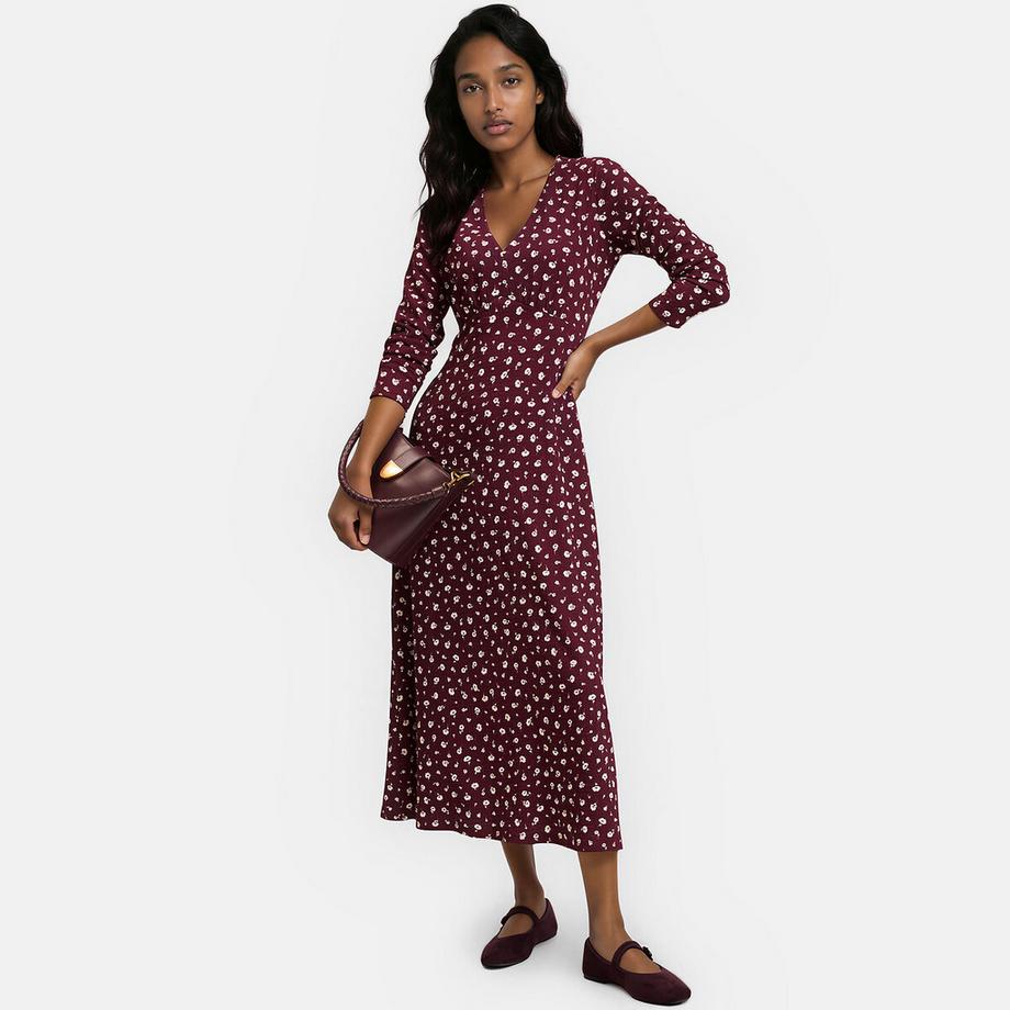 Robe longue imprimé floral à col V et manches longues