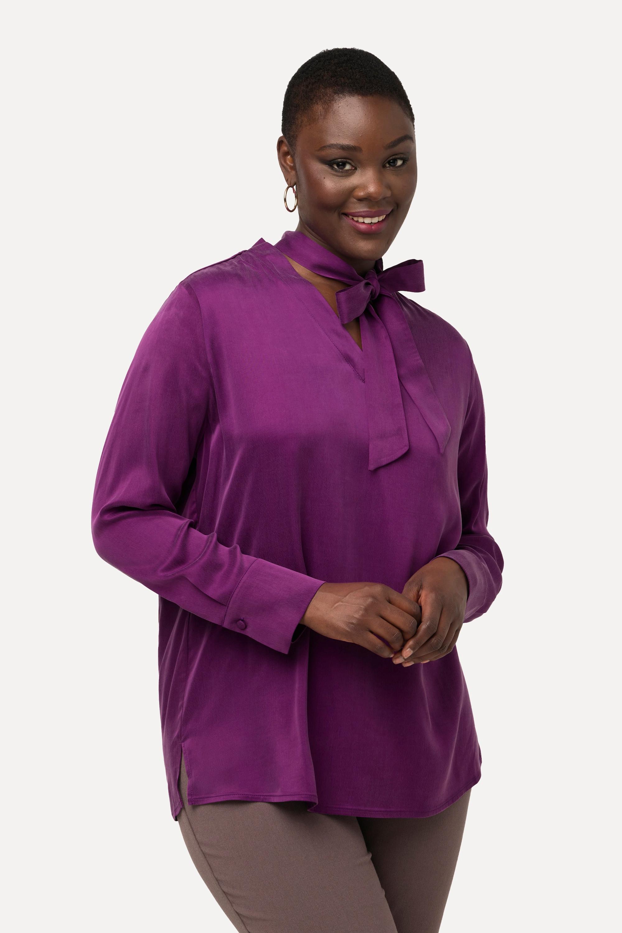 Ulla Popken Blusa di Cupro Fiocco Scollo a V Maniche Lunghe  