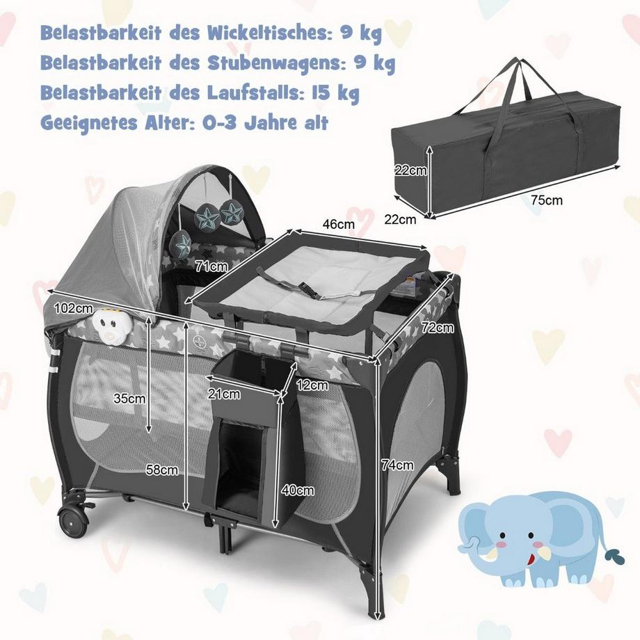B2X  5 IN 1 Babybett Tragbares Beistellbett Reisebett mit Faltbaren Matratze 102 cm x 72 cm x 74 cm Grau 