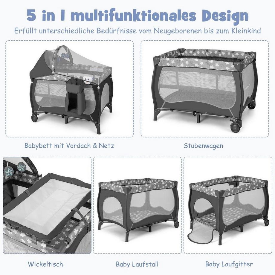 B2X  5 IN 1 Babybett Tragbares Beistellbett Reisebett mit Faltbaren Matratze 102 cm x 72 cm x 74 cm Grau 