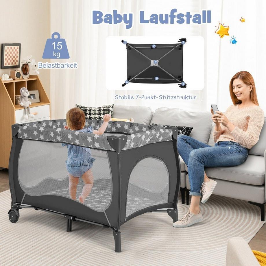 B2X  5 IN 1 Babybett Tragbares Beistellbett Reisebett mit Faltbaren Matratze 102 cm x 72 cm x 74 cm Grau 