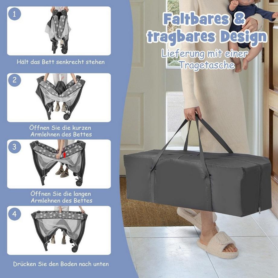 B2X  5 IN 1 Babybett Tragbares Beistellbett Reisebett mit Faltbaren Matratze 102 cm x 72 cm x 74 cm Grau 