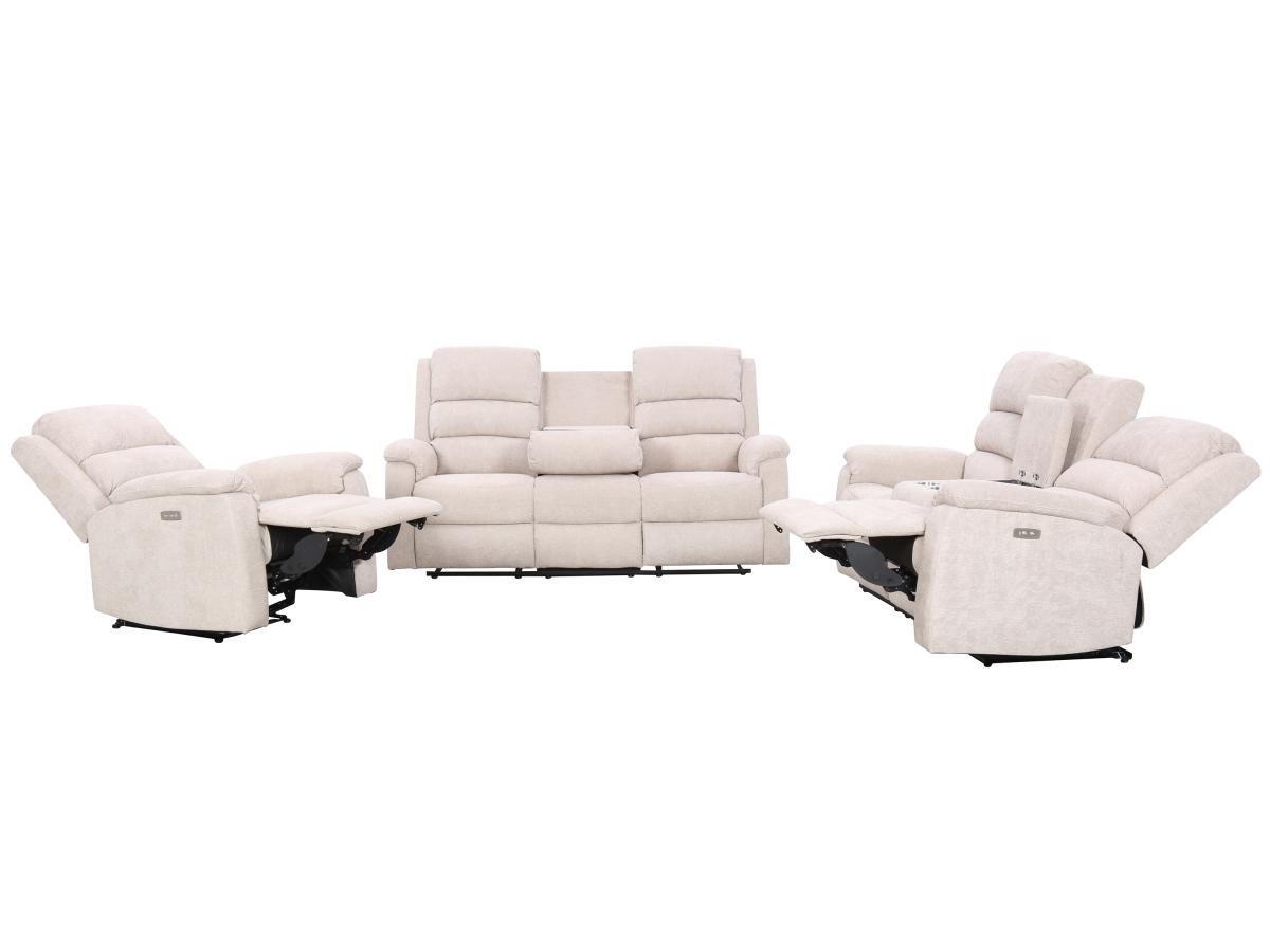 Vente-unique Canapés 3 places 2 places et un fauteuil relax électrique en tissu beige NEVERS  