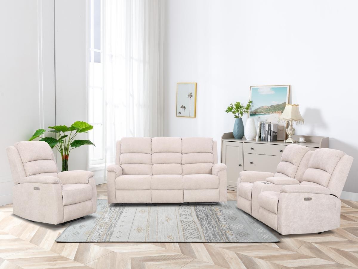 Vente-unique Canapés 3 places 2 places et un fauteuil relax électrique en tissu beige NEVERS  