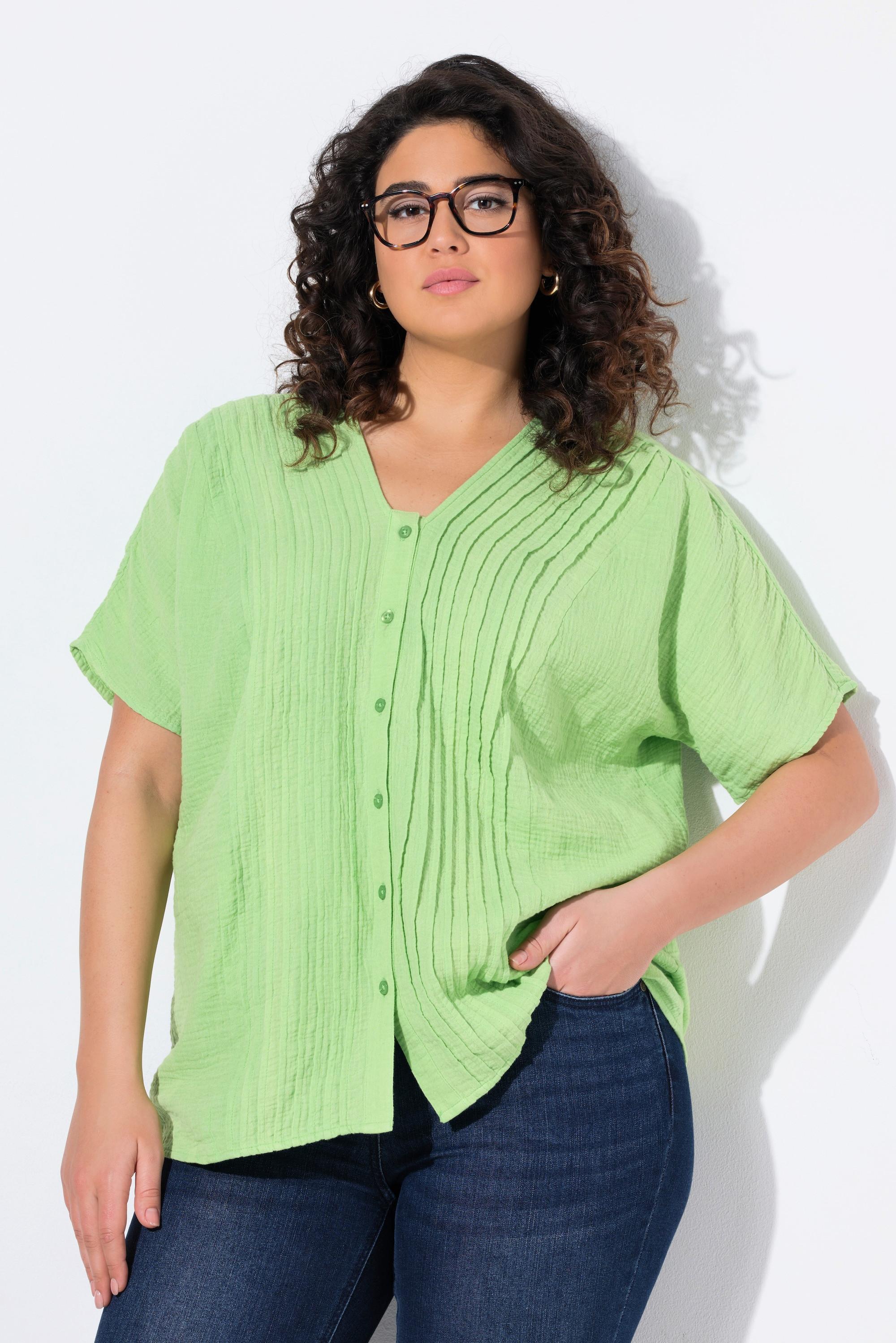 Ulla Popken Musselin Oversized Biesen V-Ausschnitt Halbarm Bluse  