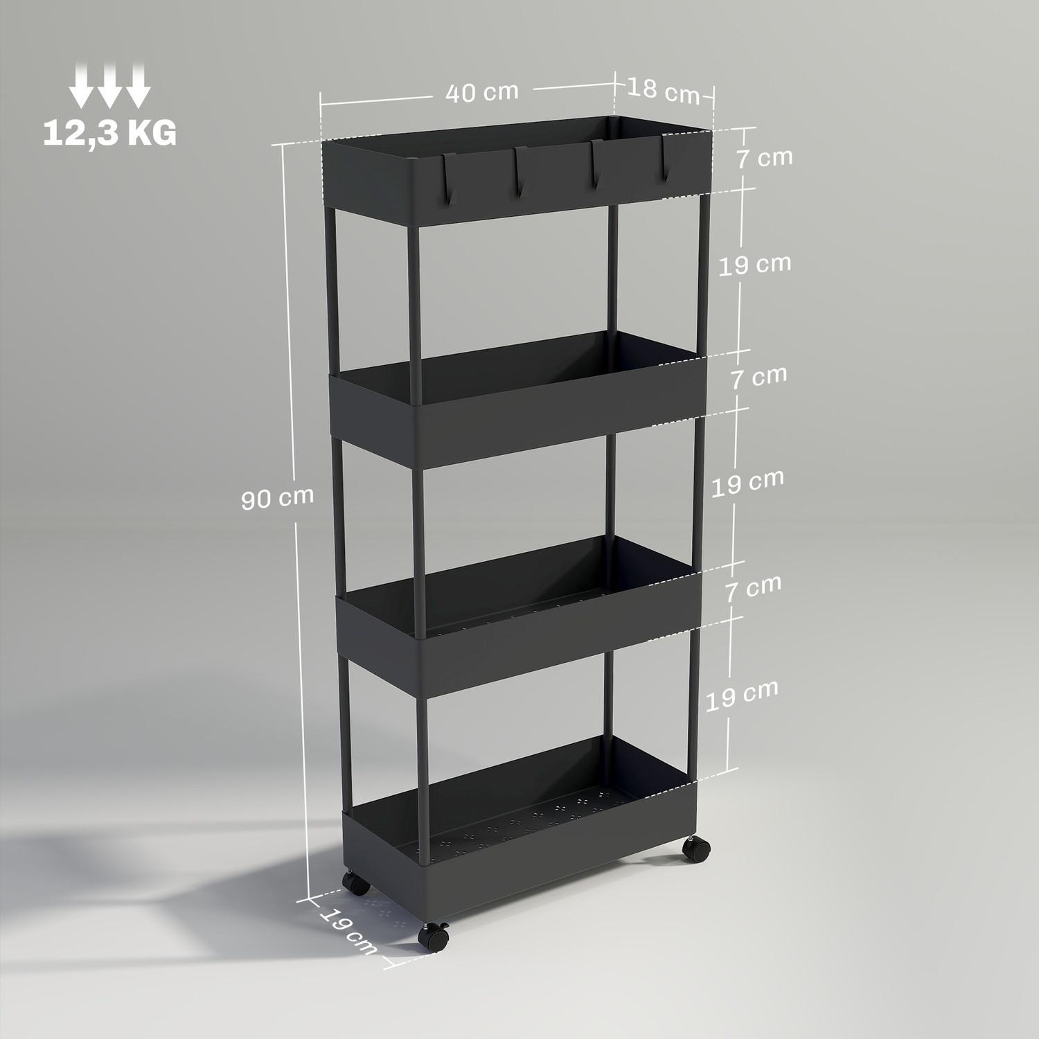 Northio Carrello con rotelle, Scaffale da cucina a 4 ripiani, Scaffale con ruote, Carrello da cucina con freni, Carrello di servizio per cucina, camera da letto, soggiorno, plastica, Nero, 40 x 19 x 90 cm |  