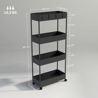 Northio Carrello con rotelle, Scaffale da cucina a 4 ripiani, Scaffale con ruote, Carrello da cucina con freni, Carrello di servizio per cucina, camera da letto, soggiorno, plastica, Nero, 40 x 19 x 90 cm |  