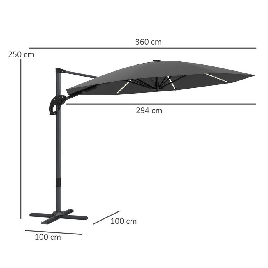 Northio Alu Ampelschirm LED Solar Ø300cm höhenverstellbar Sonnenschirm mit Kurbel Ständer UV50+ Wasserabweisend 360° drehbar Marktschirm neigbar Gartenschirm Sonnenschutz für Garten Balkon Dunkelgrau |  