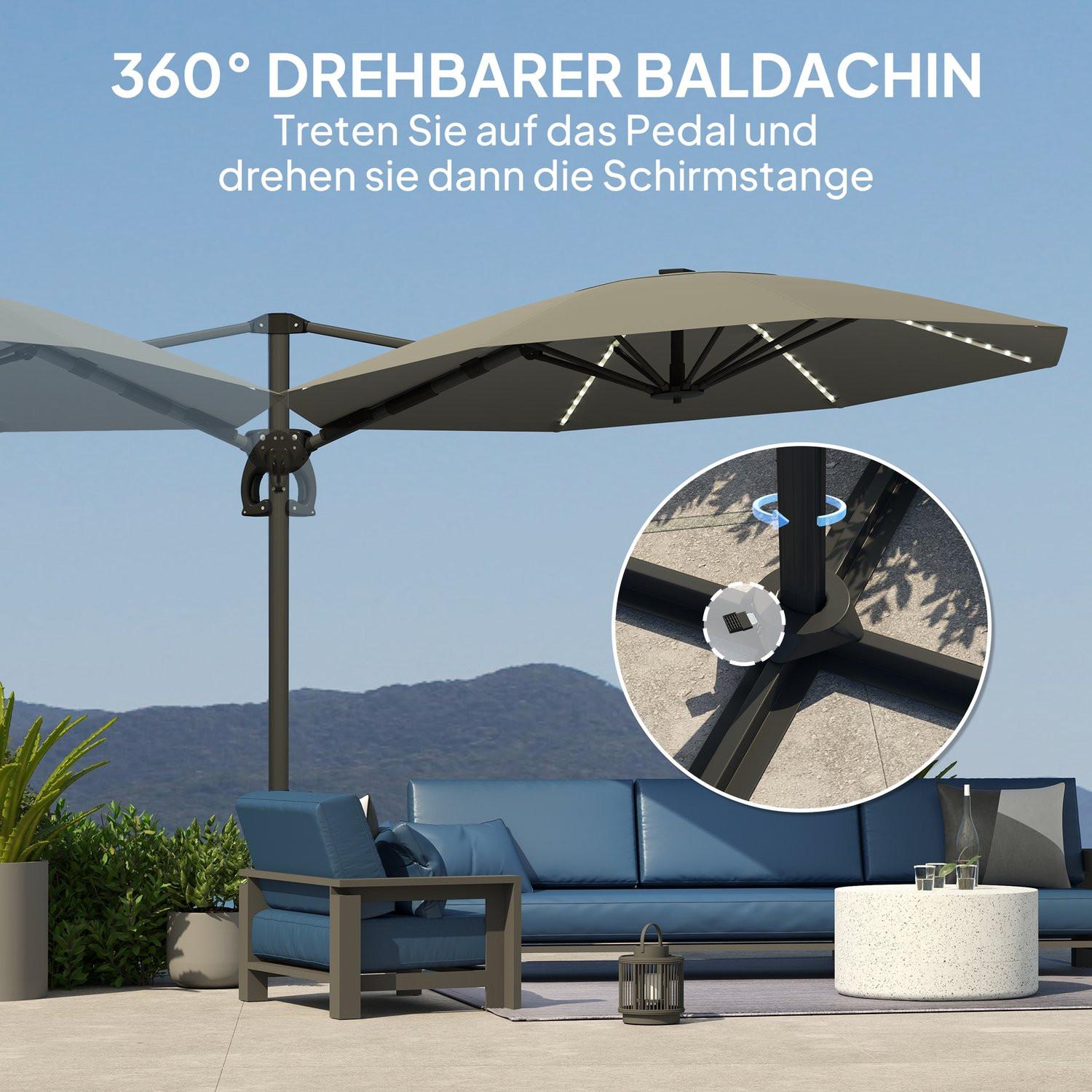 Northio Ombrellone solare a LED in alluminio Ø 300 cm Ombrellone regolabile in altezza con supporto a manovella UV50+ idrorepellente Ombrellone da mercato ruotabile a 360° Ombrellone da giardino inclinabile Protezione solare per giardino Balcone Grigio scuro |  