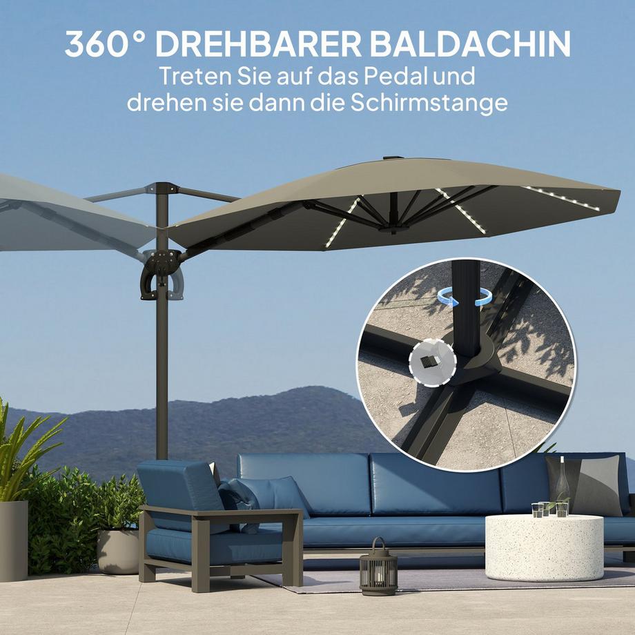 Northio Alu Ampelschirm LED Solar Ø300cm höhenverstellbar Sonnenschirm mit Kurbel Ständer UV50+ Wasserabweisend 360° drehbar Marktschirm neigbar Gartenschirm Sonnenschutz für Garten Balkon Dunkelgrau |  