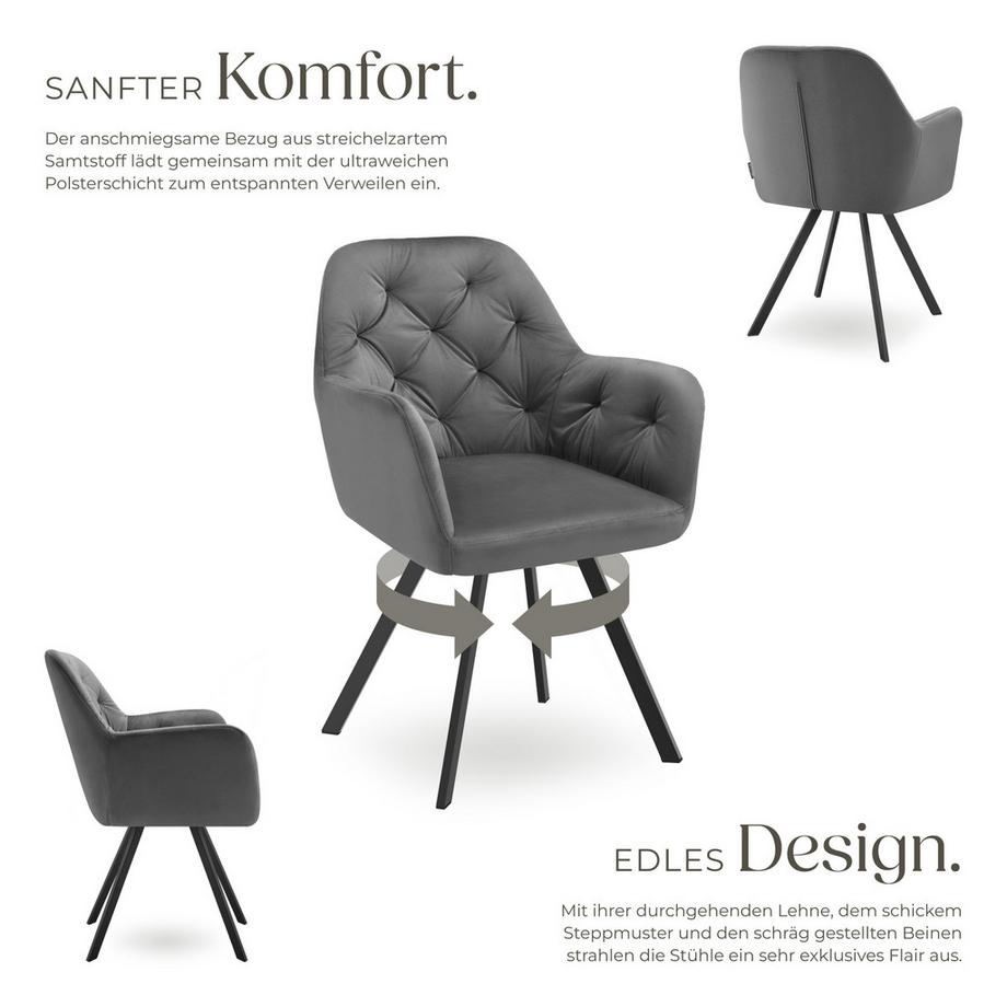 Tectake Drehbarer Samt-Armlehnstuhl Lucia gepolstert, mit Steppmuster mit durchgehender Lehne  