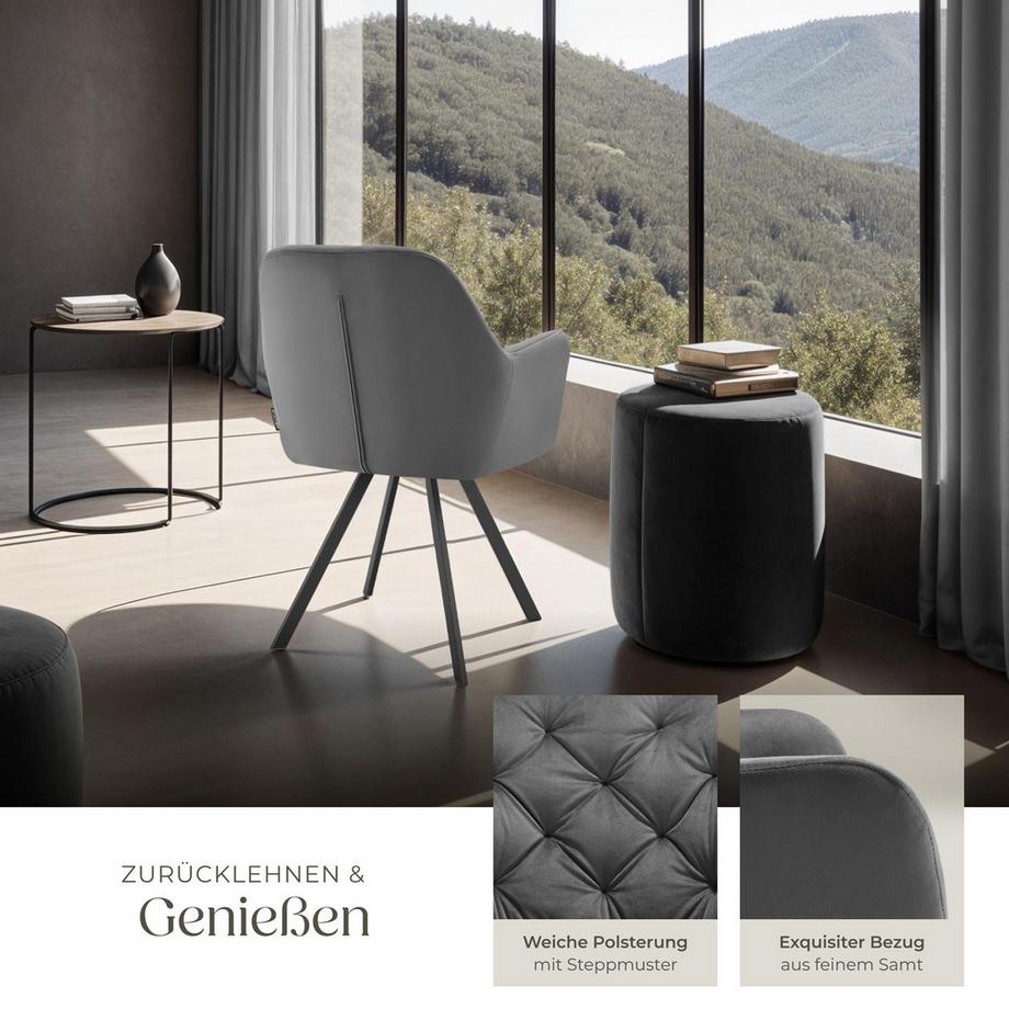 Tectake Drehbarer Samt-Armlehnstuhl Lucia gepolstert, mit Steppmuster mit durchgehender Lehne  